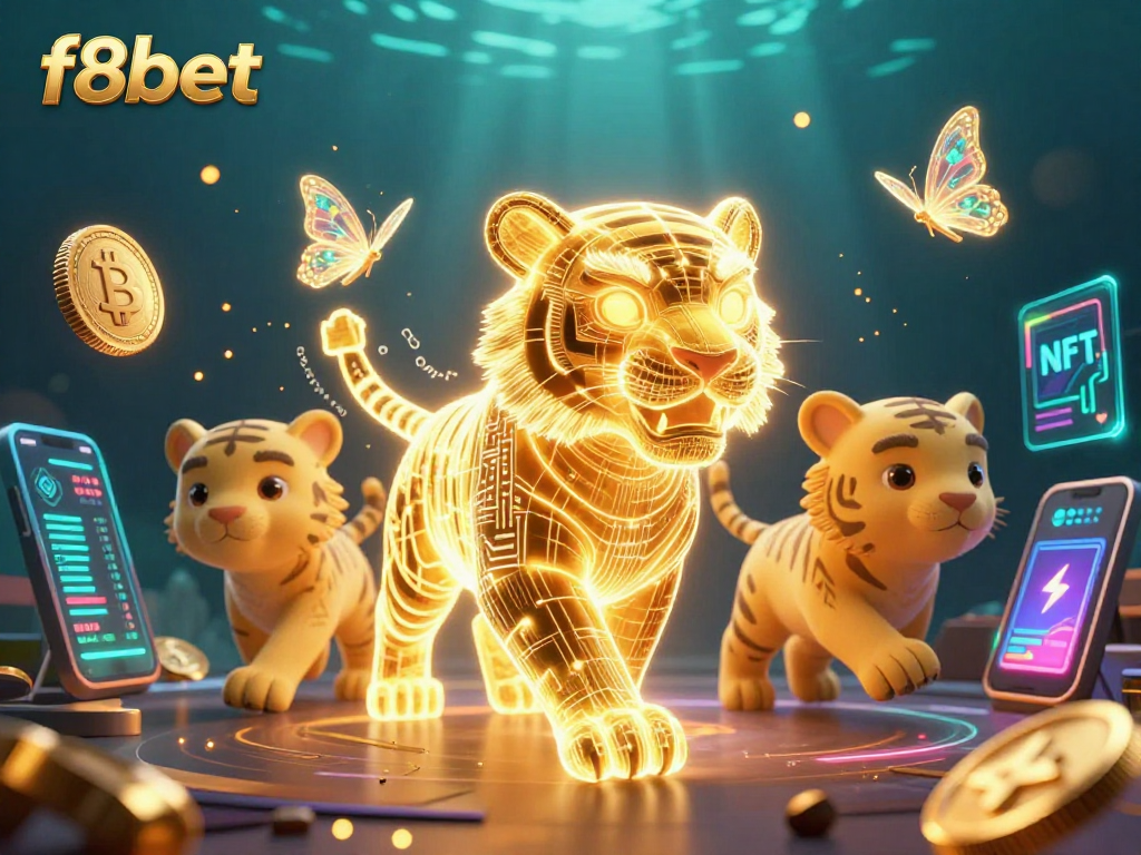 Experience the vibrant energy of f8bet with a dynamic casino scene featuring a golden tiger and digital elements.