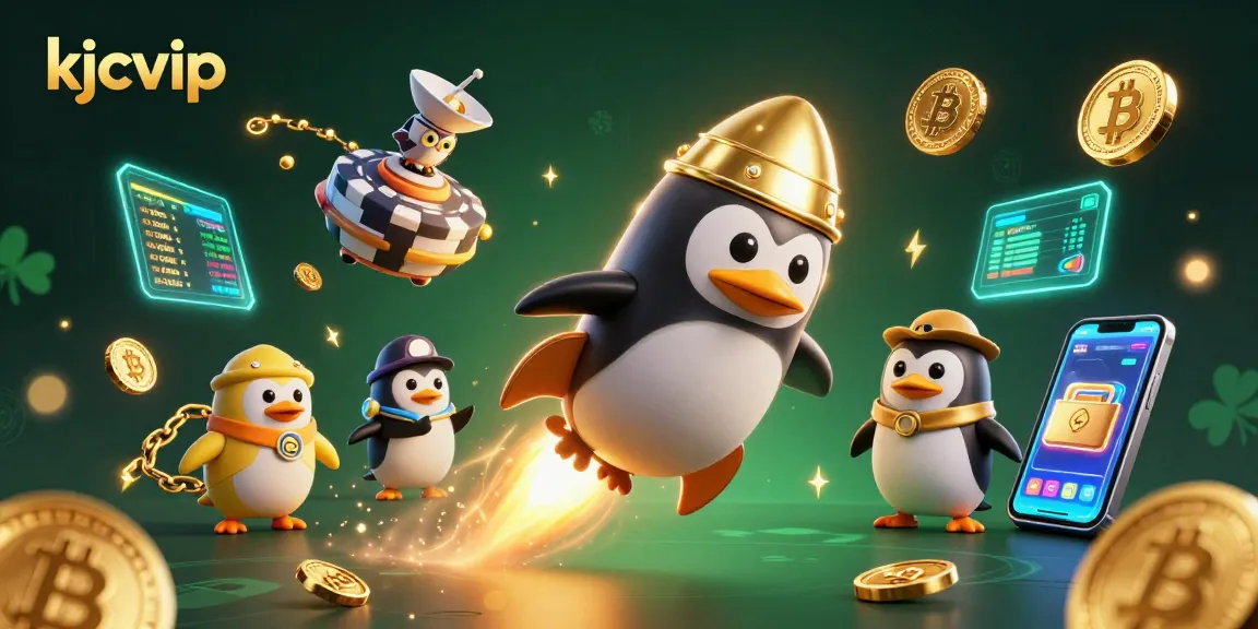 Experience kjcvip like never before with a dynamic illustration featuring a golden penguin, casino elements, and cryptocurrency innovations.