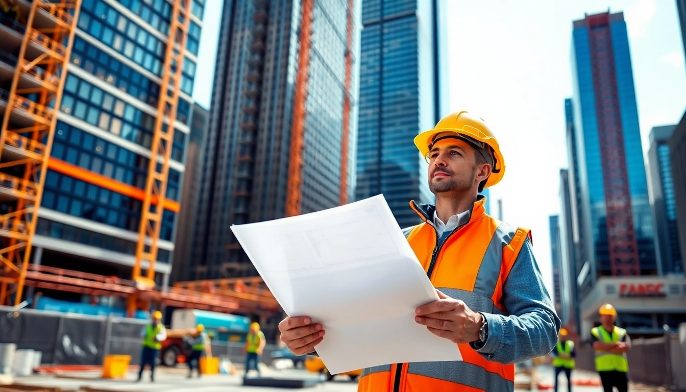New York Construction Manager directing a bustling site, showcasing activity and teamwork.