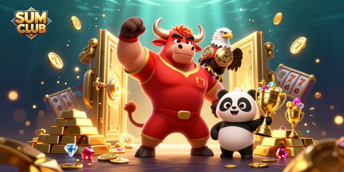 Engage with SUM CLUB by celebrating big wins in this festive casino scene featuring vibrant characters and game elements.