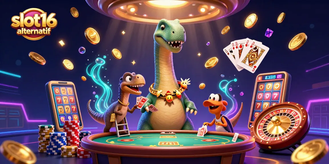 Engage with slot16 alternatif in a vibrant 3D casino scene filled with dazzling game elements and characters.