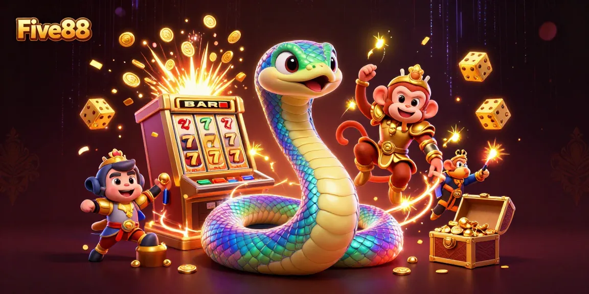 Experience the vibrant world of Five88 with an exciting jackpot scene, featuring a rainbow serpent and playful characters.