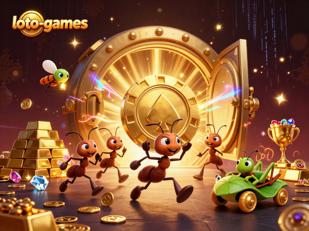 Engaging scene from loto-games featuring ants stealing a massive poker chip amidst gold treasures