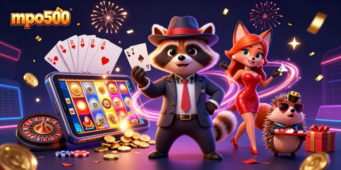 Engage with mpo500's thrilling gaming experience through a royal flush and vibrant casino elements.