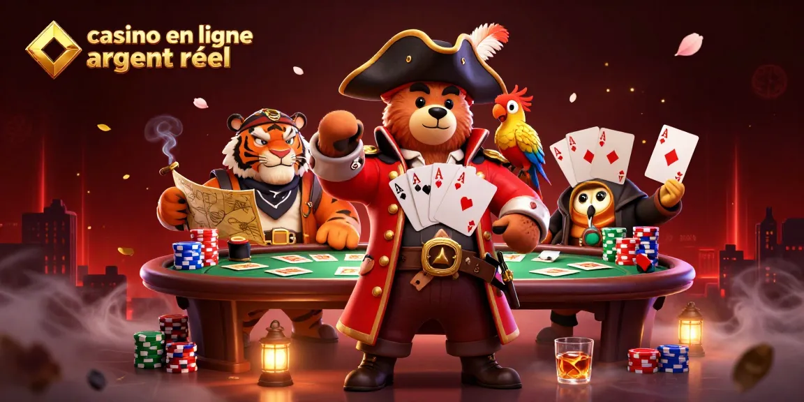 Illustration dynamique de casino en ligne argent réel avec un ours pirate et ses compagnons, table de poker vibrante.