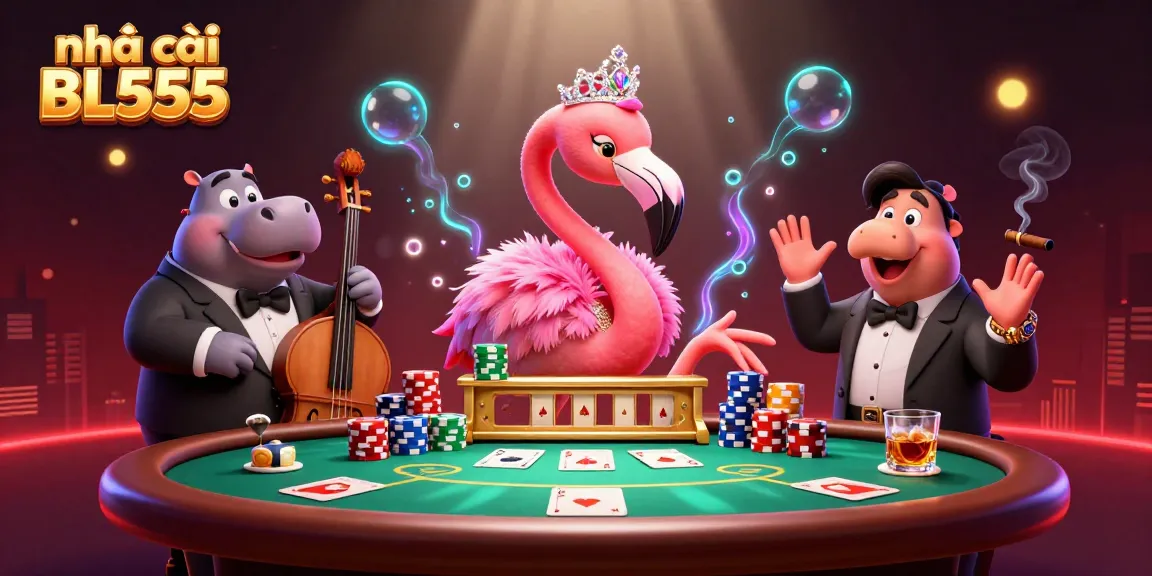 Join the excitement at nhà cái BL555 with an energetic casino scene featuring a flamingo and a tuxedo hippo.
