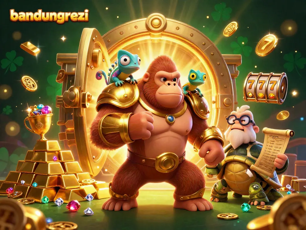 Experience thrilling wins at bandungrezeki with colorful slot reels and dynamic game elements in a vibrant casino scene.