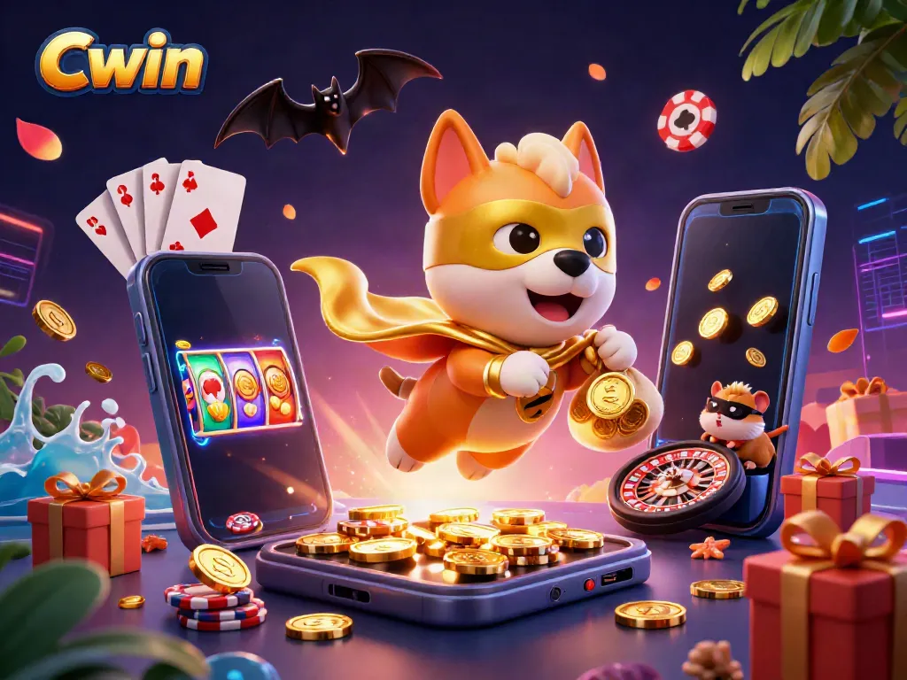 Cwin's superhero dog flies over a vibrant casino-themed scene with coins and slot games.