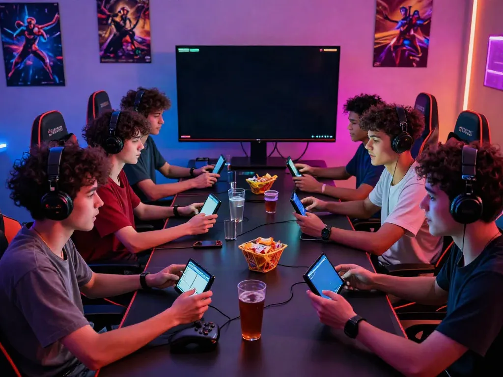 Engaged friends enjoying a lively gaming session focused on สล็อตเว็บตรง games, vibrant LED lights in the background.