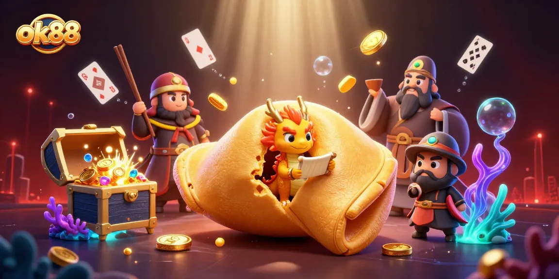 Experience excitement at ok88 with a vibrant 3D casino scene featuring fortune cookies and gold treasures.