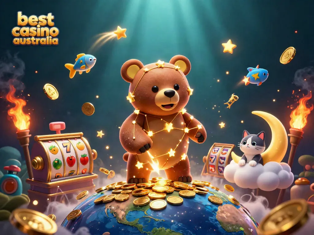Engaging scene depicting the best casino Australia with a constellation bear, gold coins, and vibrant slot machine elements.