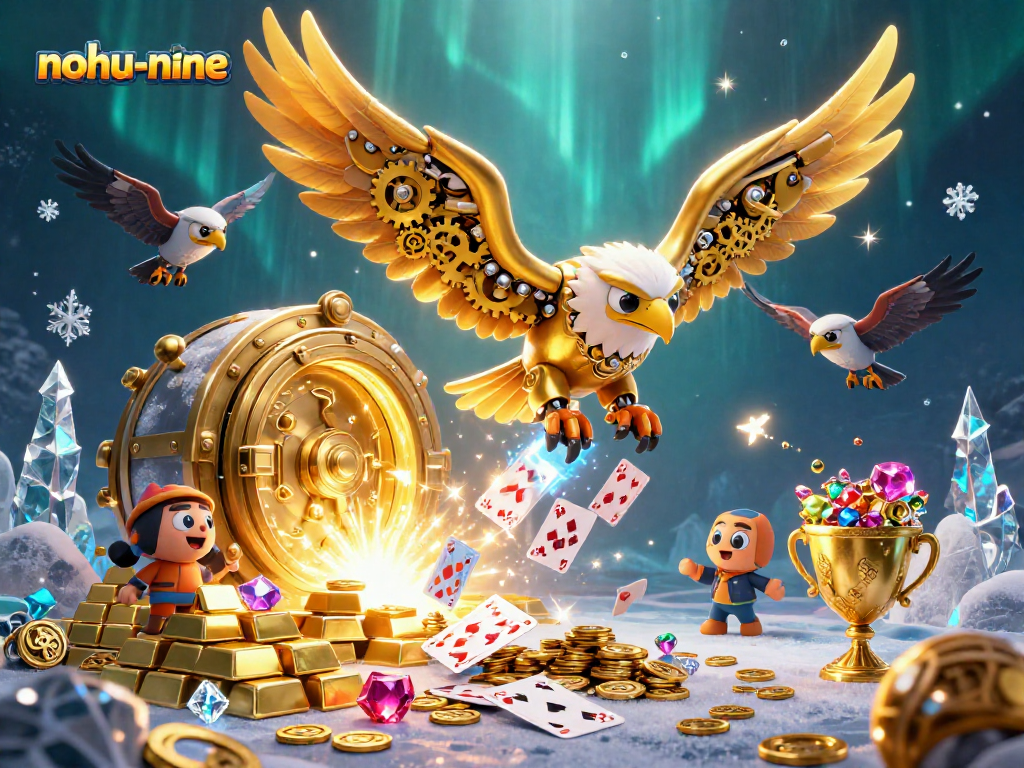 Engage in thrilling gameplay with nohu-nine, where a cybernetic eagle dives through playing cards and treasures.