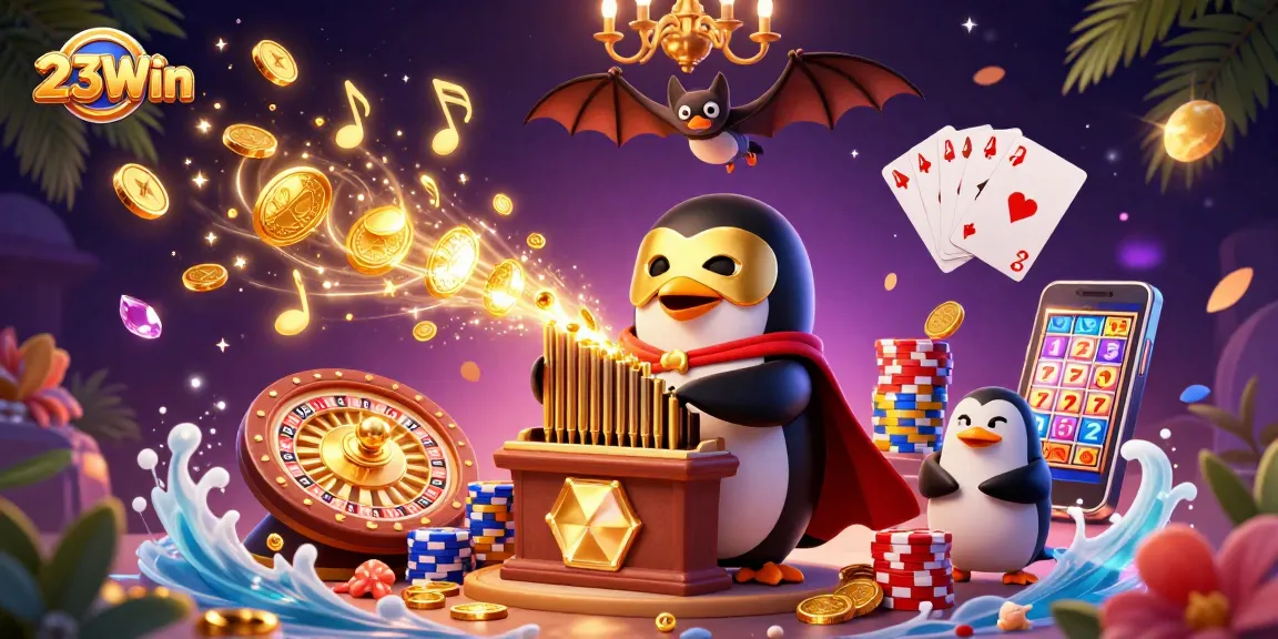 Watch 23Win's captivating gameplay unfold with golden coins and vibrant casino elements.