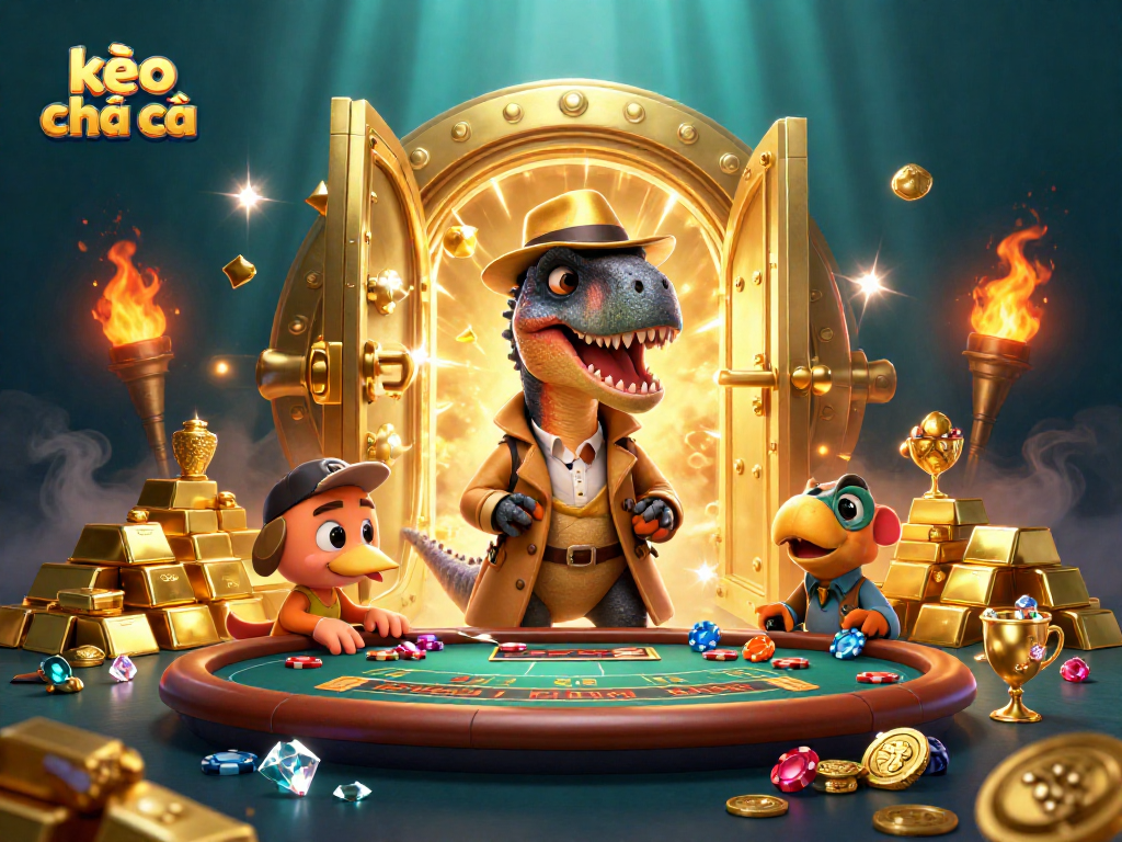 Kèo nhà cái showcases a velociraptor card counter and a stegosaurus pit boss in a vibrant casino scene