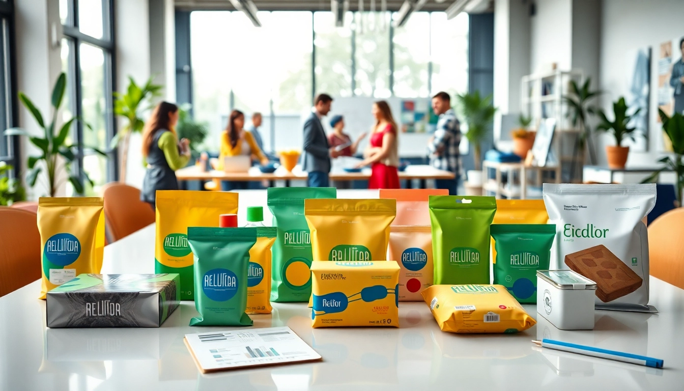 Creative packaging for emerging brands displayed in a vibrant workspace highlighting textures and designs.