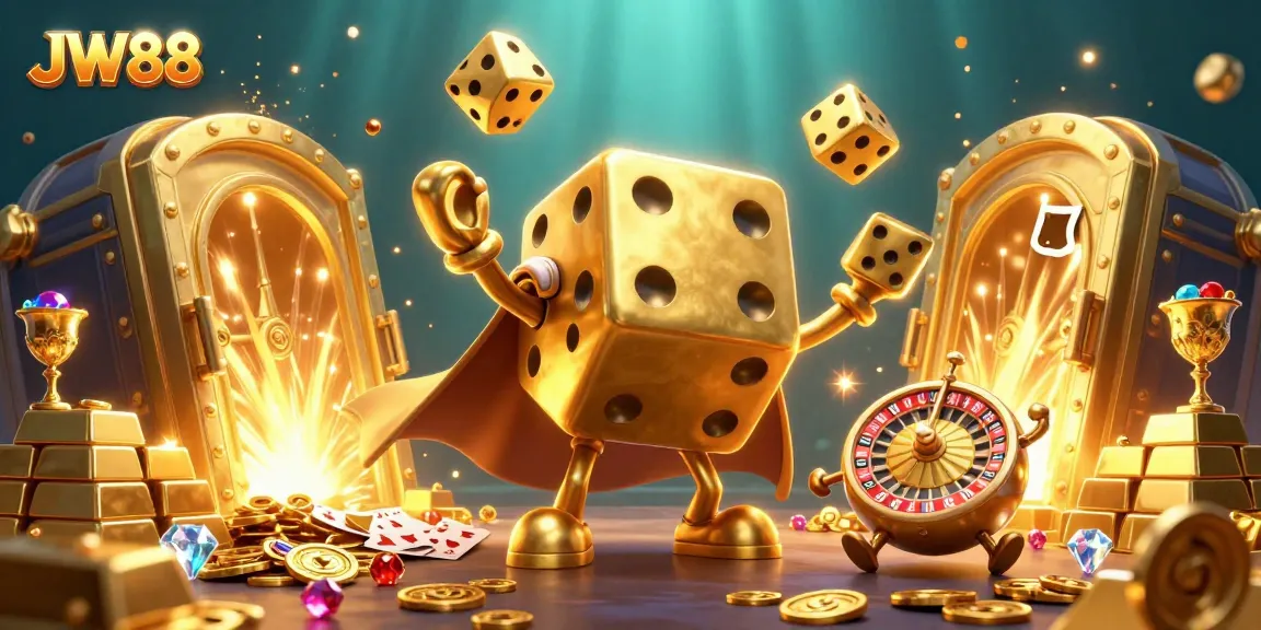 Engage in thrilling action at JW88 with this vibrant 3D illustration of a dice golem and casino treasures.