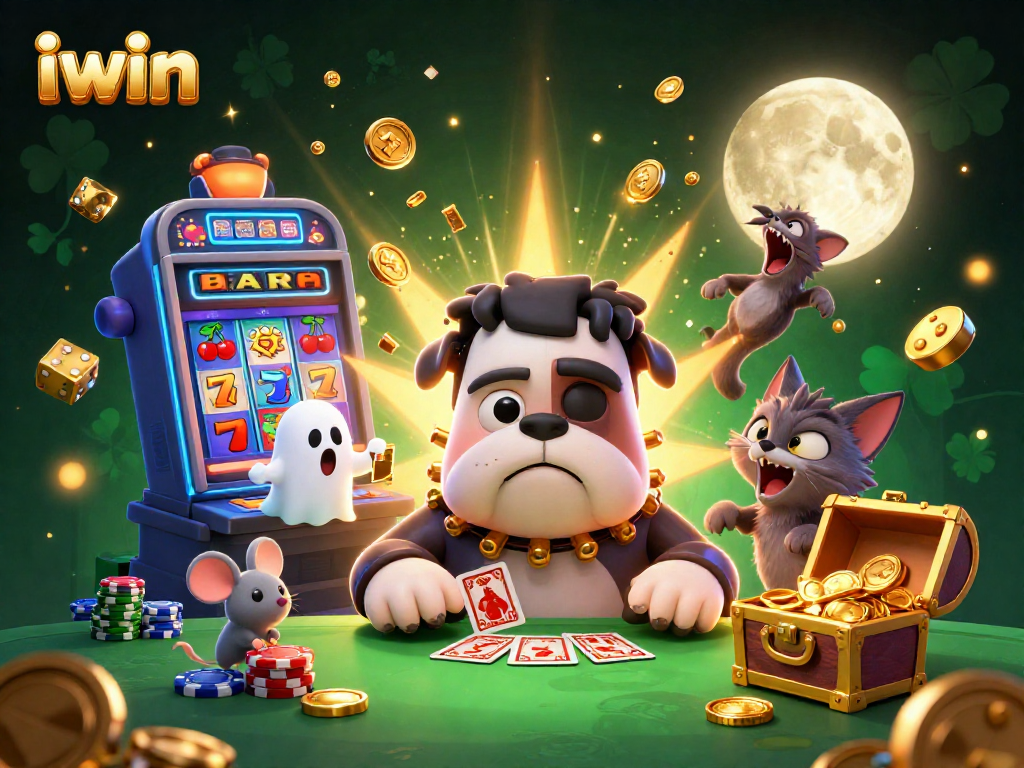iwin showcases a lively casino scene with a Frankenstein bulldog, ghost mouse, and werewolf kitten in action.