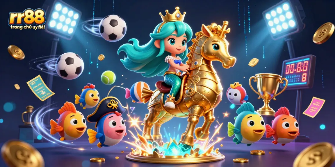 Bet on rr88 trang chủ uy tín with colorful characters and sports-themed elements promoting excitement and engagement.