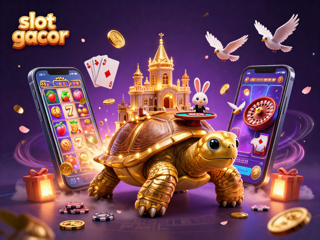 Experience the excitement of slot gacor with a golden tortoise casino scene featuring various playful elements.