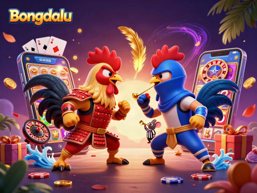 Bongdalu showcases a fierce duel between cartoon roosters, epitomizing competitive gaming excitement with vibrant imagery.