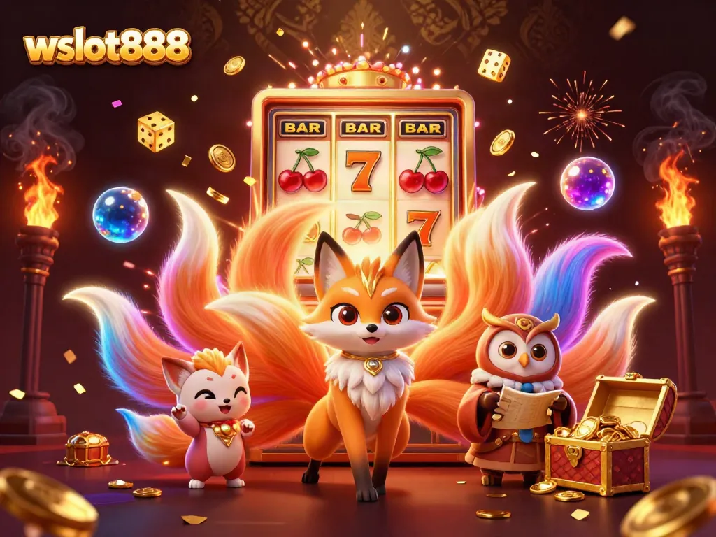 Gambarkan jackpot wslot888 dengan slot mesin, sosok rubah sembilan ekor, dan karakter mistis lainnya dalam ilustrasi 3D