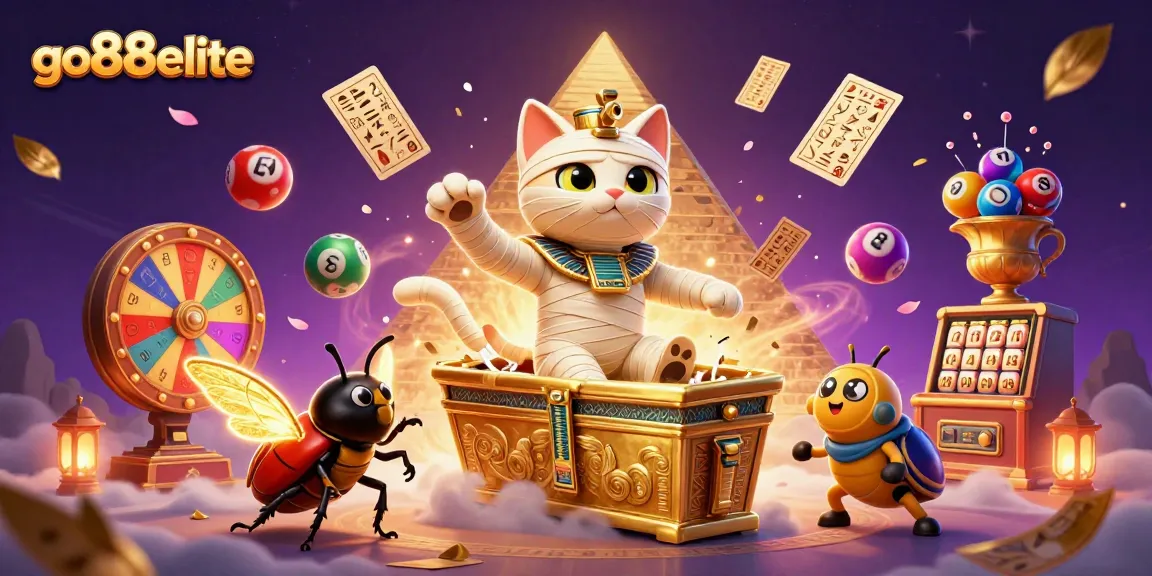 Unleash your luck with go88elite as the Egyptian mummy cat bursts from a golden sarcophagus!