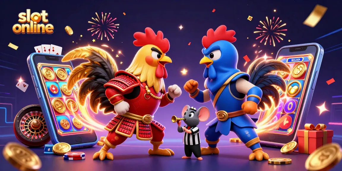 Compete in thrilling slot online games with golden coins erupting and a dramatic rooster face-off.