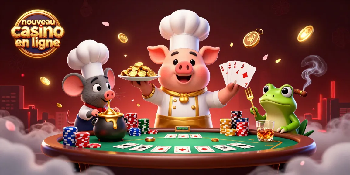 Jeu captivant en casino en ligne, le chef cochon sert des pièces d'or à un critique avec un accent français.