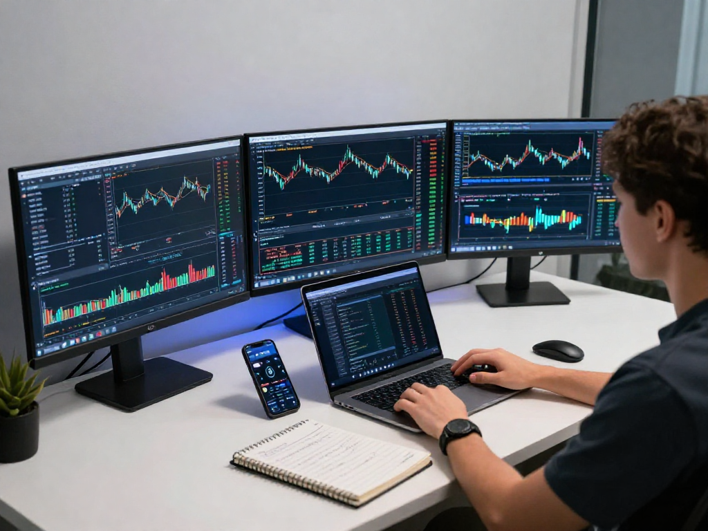 MetaTrader 5 官网的交易者在现代办公环境中分析加密货币图表，监控市场动态，展示专业交易设置。