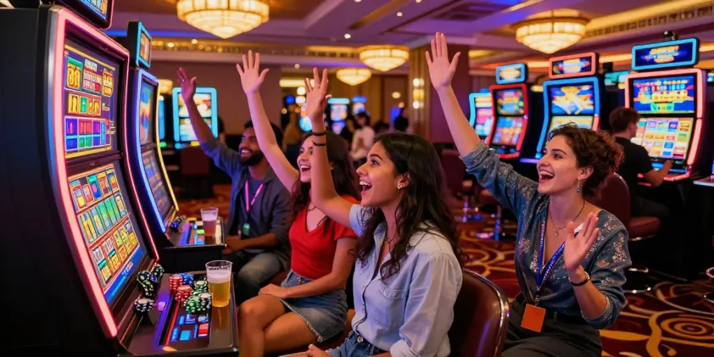Friends celebrating a slot jackpot win in a luxurious casino setting, capturing the excitement and joy of gaming.