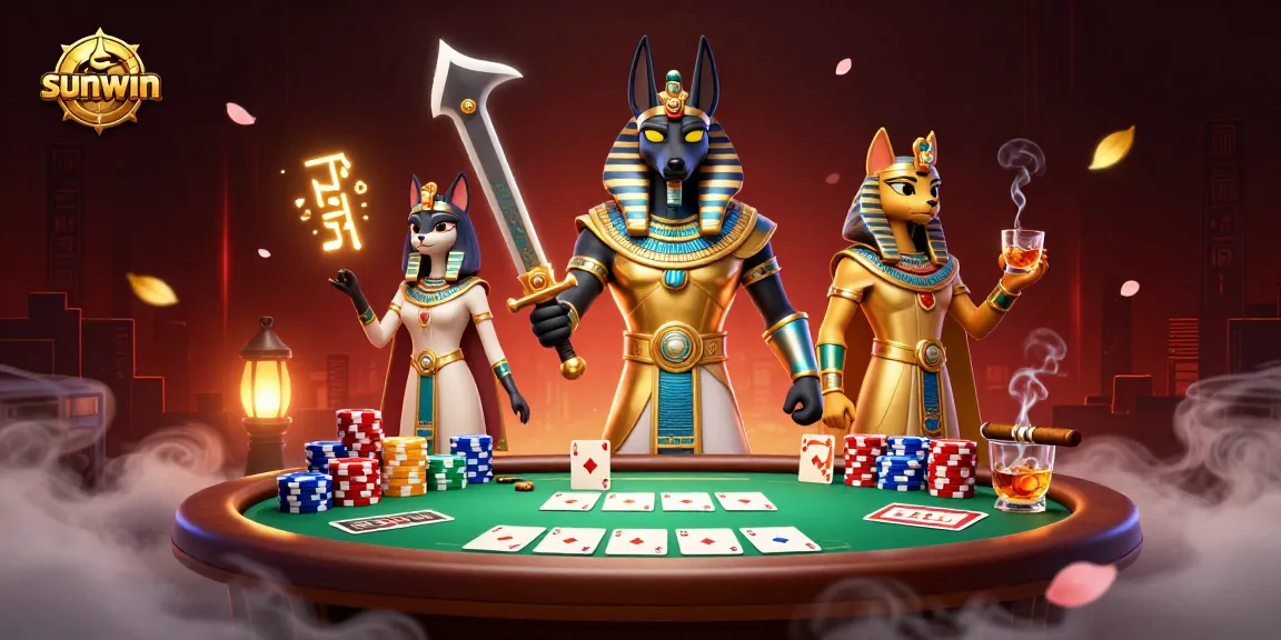 Experience sunwin's thrill with Anubis and Bastet at a dynamic poker table!