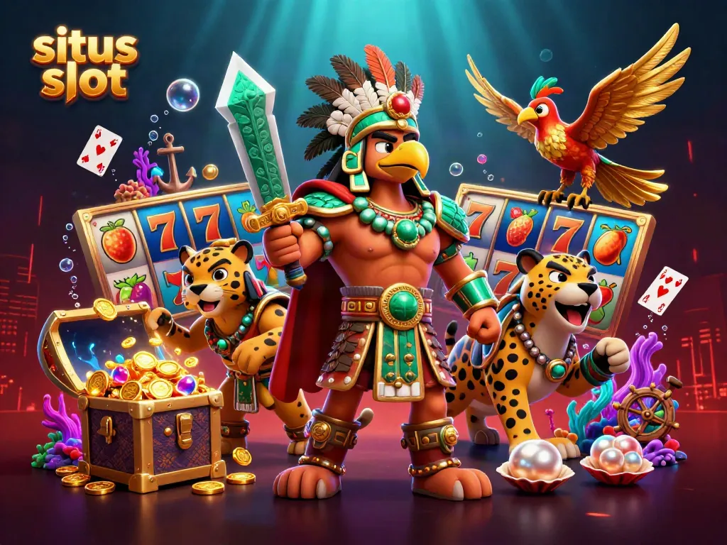 Engage with the situs slot adventure featuring vibrant 3D Aztec warriors and slot reels.