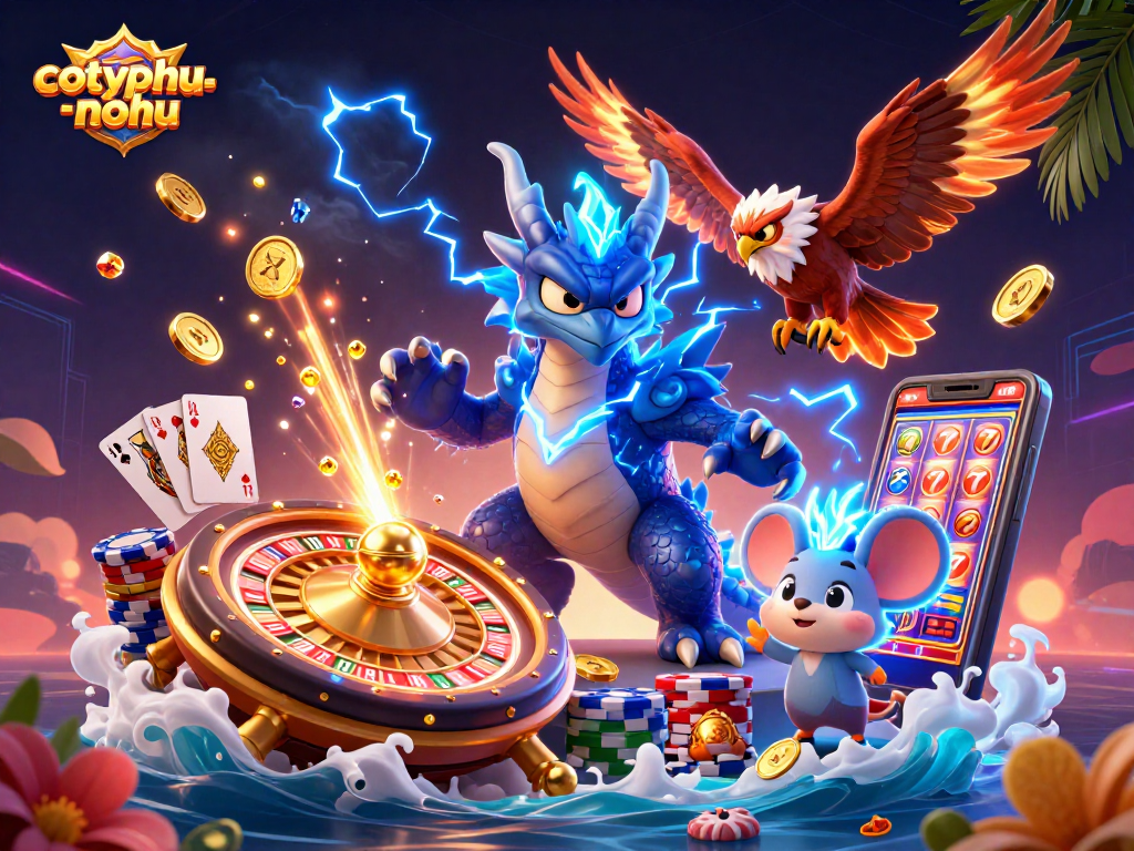 Engage with cotyphu-nohu and revel in a dynamic 3D casino scene featuring vivid characters and vibrant game elements.