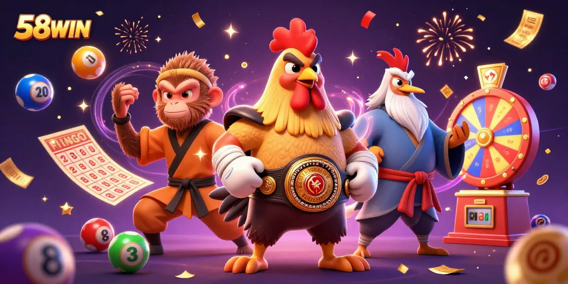 Experience 58WIN's dynamic casino scene with vibrant characters and lottery elements!