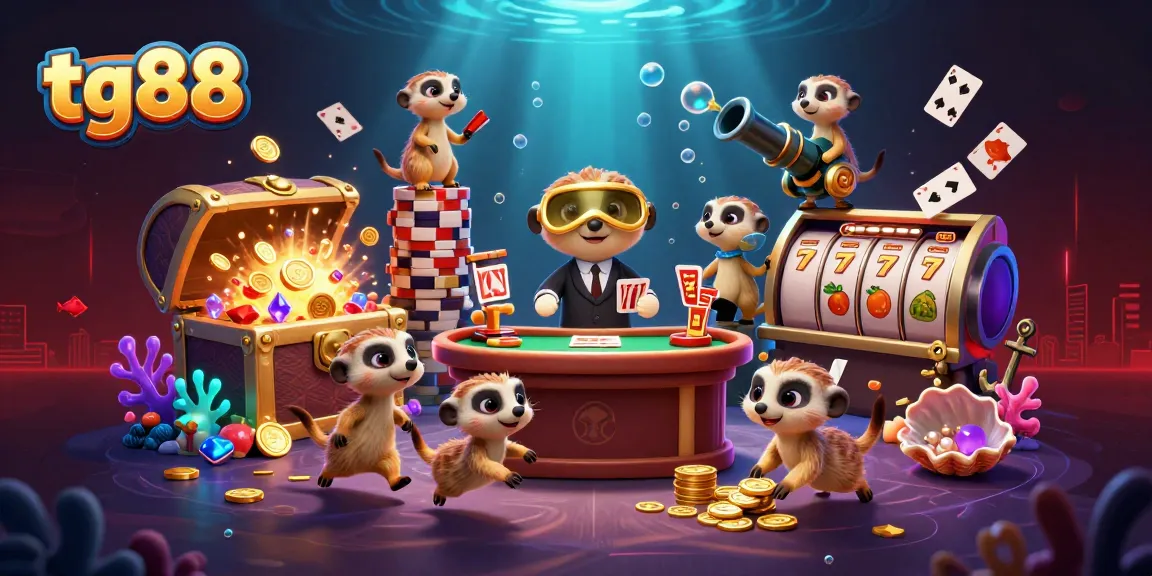 Experience thrilling gaming at tg88 with playful meerkats running a vibrant casino, surrounded by colorful game elements.