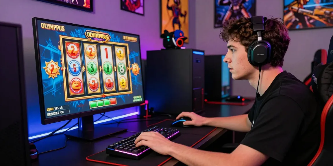 Player enjoying slot olympus game at vibrant gaming setup, showcasing dynamic visuals and excitement.