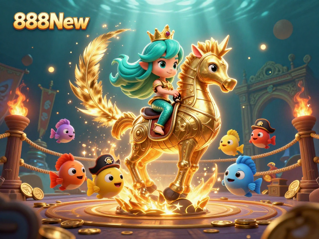 Experience thrilling gaming adventures at 888New with enchanting characters and vibrant colors in this casino-themed underwater scene.