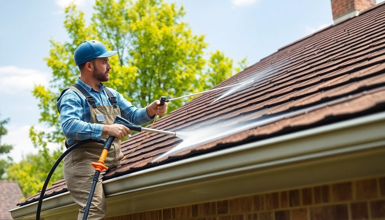 Roof Cleaning professional expertly cleaning a residential roof with specialized equipment.