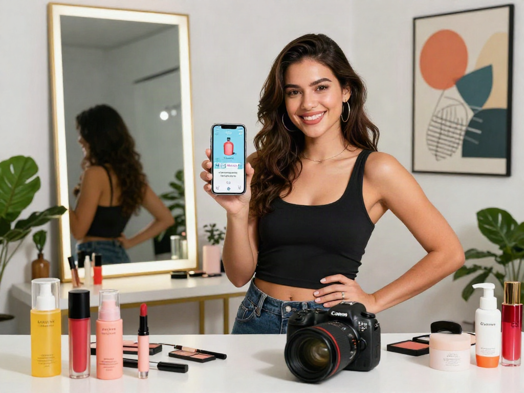 Test attractiveness using a stylish beauty app, showcasing vibrant products and a confident individual.