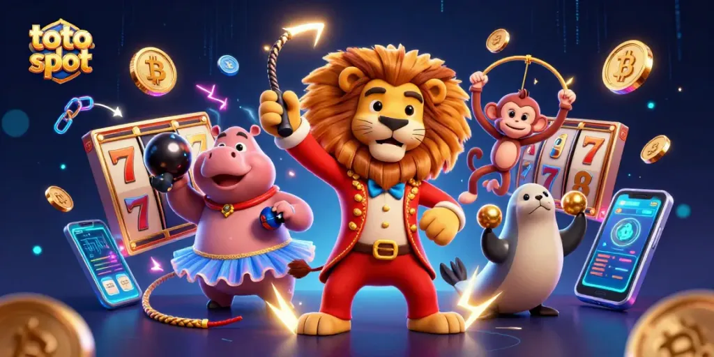 Spin the toto slot with vibrant characters and immersive casino elements in a dynamic 3D illustration.