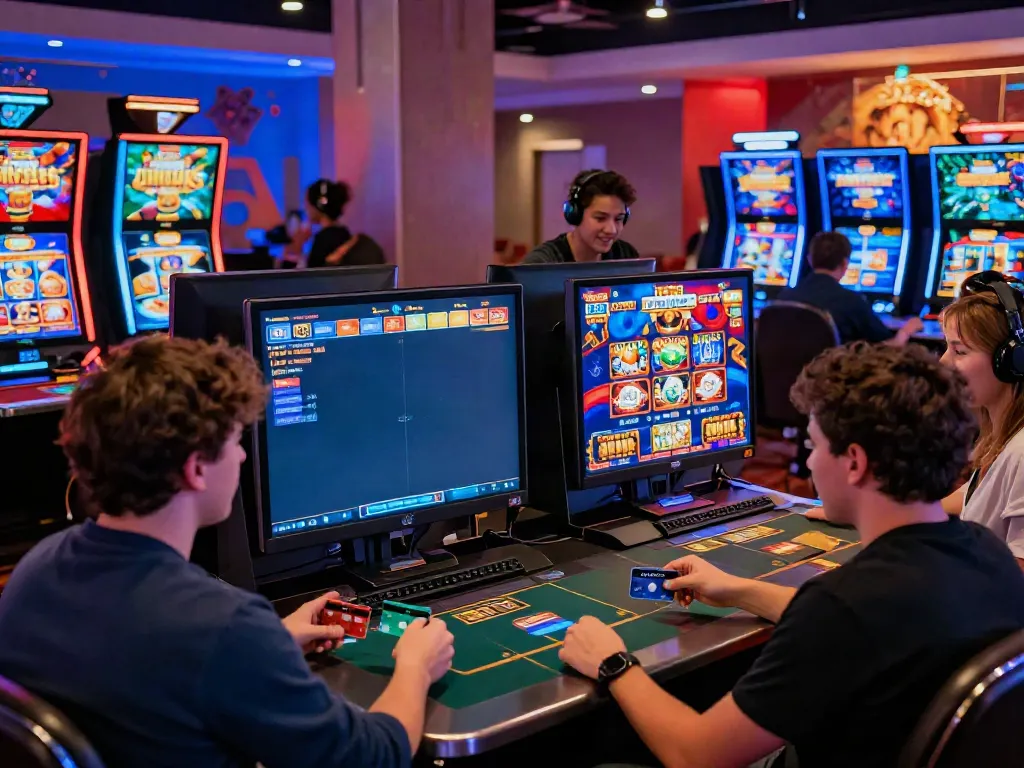 Exciting online casino scene with players using credit card deposit casinos to fund their gaming experience amidst vibrant graphics and colorful décor.