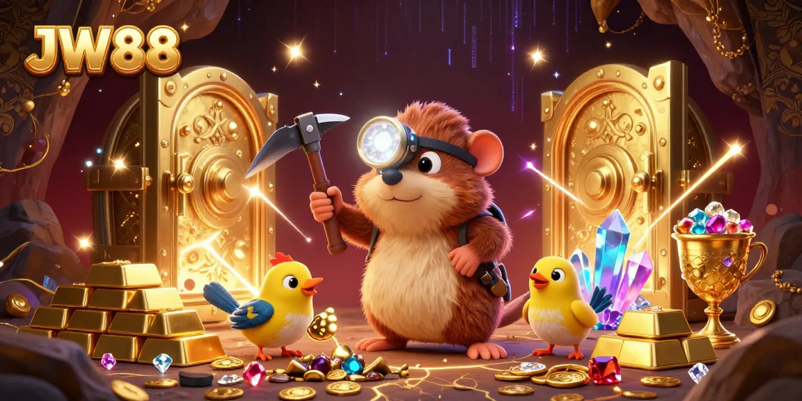Experience thrilling gameplay with JW88 as a treasure-hunting mole uncovers golden gems in a vibrant 3D casino scene.