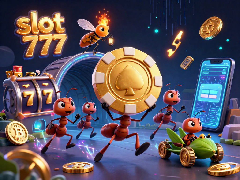 Engage with slot 777 while a team of ants executes a thrilling heist with golden poker chips.