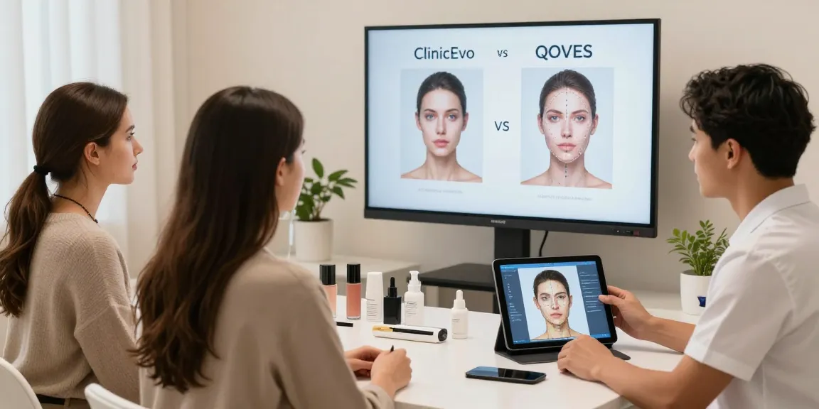 Engaging beauty analysis scene comparing ClinicEvo vs QOVES with advanced technology and personalized facial mapping.