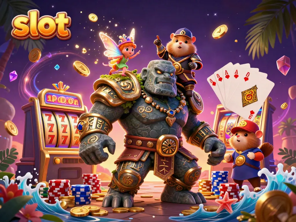 Mainan slot yang penuh warna dan simbol keberuntungan dalam ilustrasi kasino yang magis.