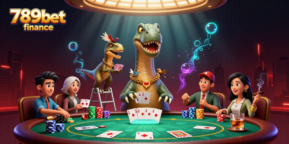 Experience thrilling gameplay and community cards at 789bet finance poker table under a massive dinosaur.