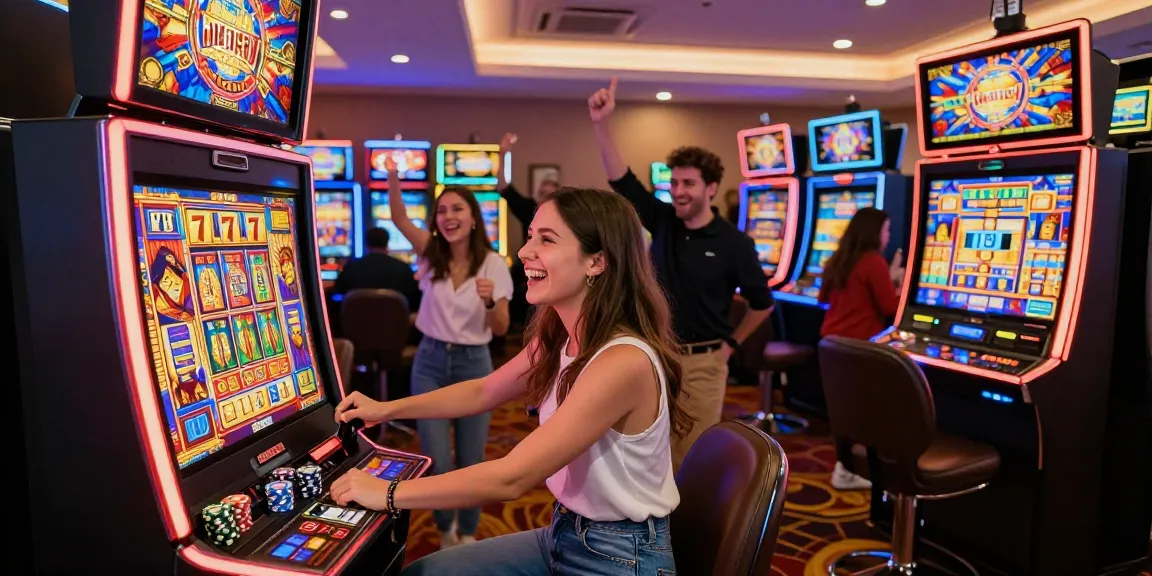Excited players at a vibrant casino gaming room engaging with 777 slot machines themed with Zeus.