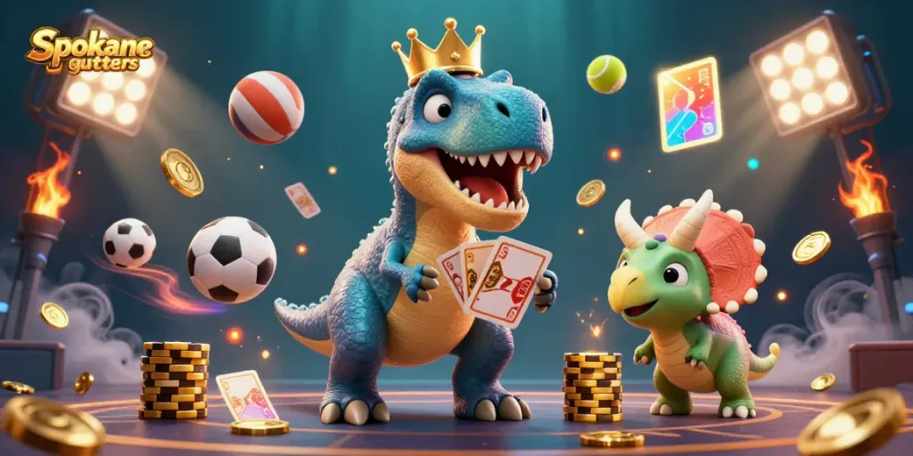 Experience vibrant Spokane gutters in a playful casino scene with a T-Rex and friends.