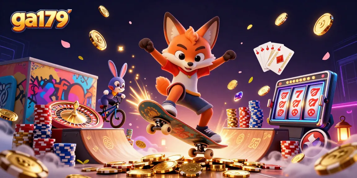 Engage with the exhilarating ga179 gambling scene featuring a kickflipping fox over poker chips amidst dynamic casino visuals.