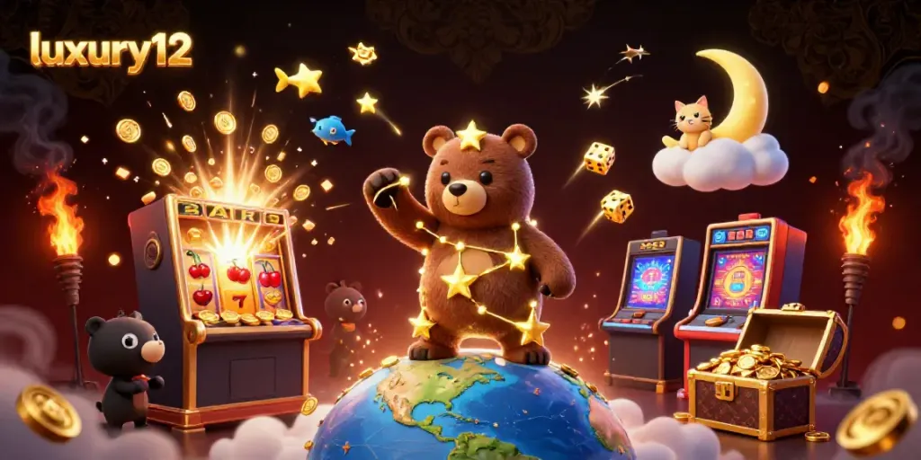 Experience the excitement of luxury12 as a golden constellation bear scoops up coins in a vibrant casino scene.